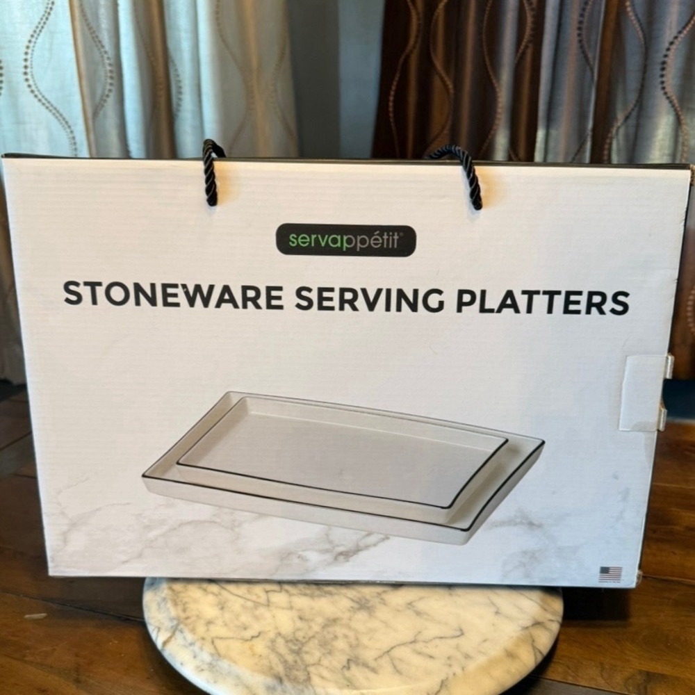 2pc NEW! Servappétit Rectangular White Stoneware Serving Platters Dish BOX